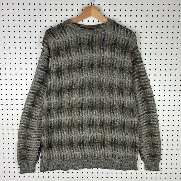 Haggar Brown Tan Knit Sweater Medium Chunky Coogi Style Grandpa 90s Golf Crew - Picture 1 of 6